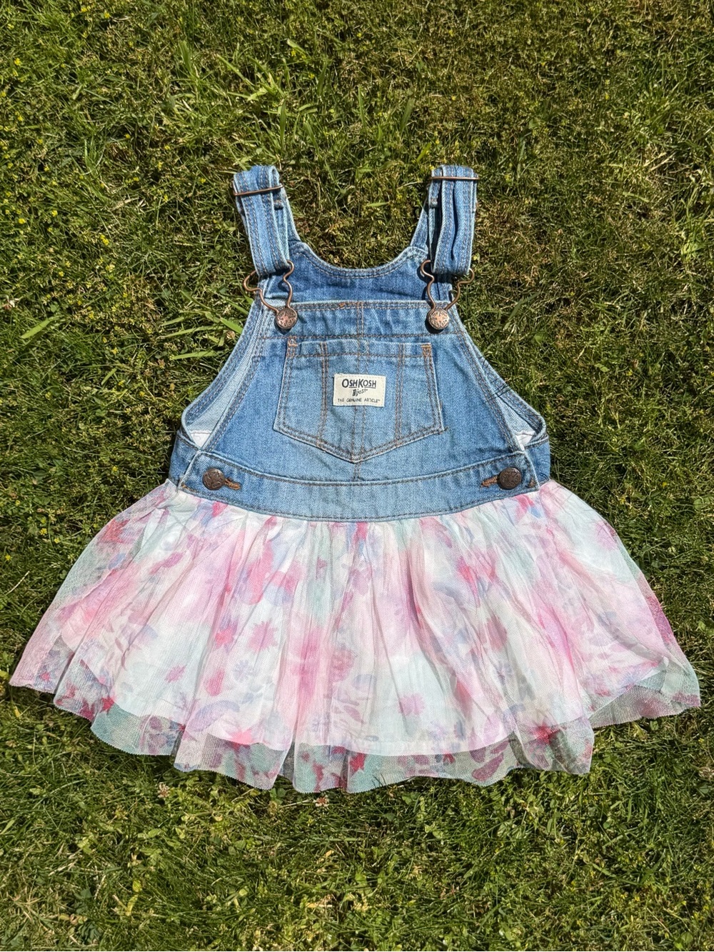 OshKosh B’gosh Denim Floral Tulle Overall Dress Toddler Girls 18 Months